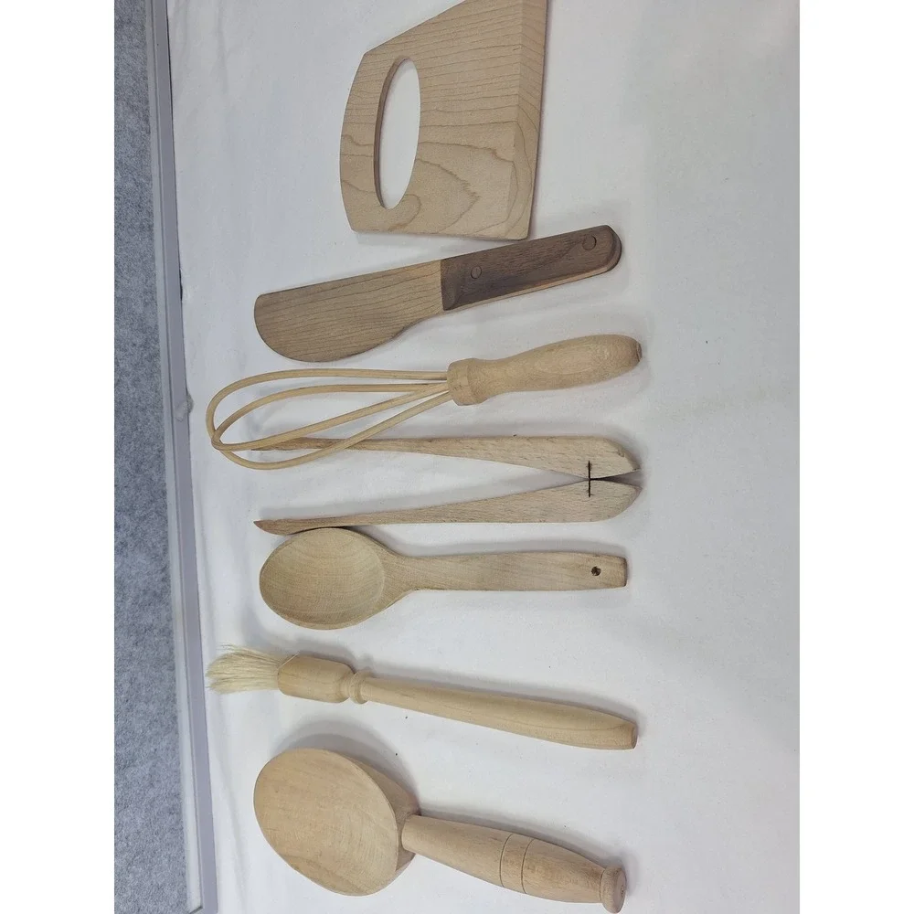 7 Piece Handcrafted Kids Wooden Kitchen Utensil Set Whisk Tongs Spoon Brush